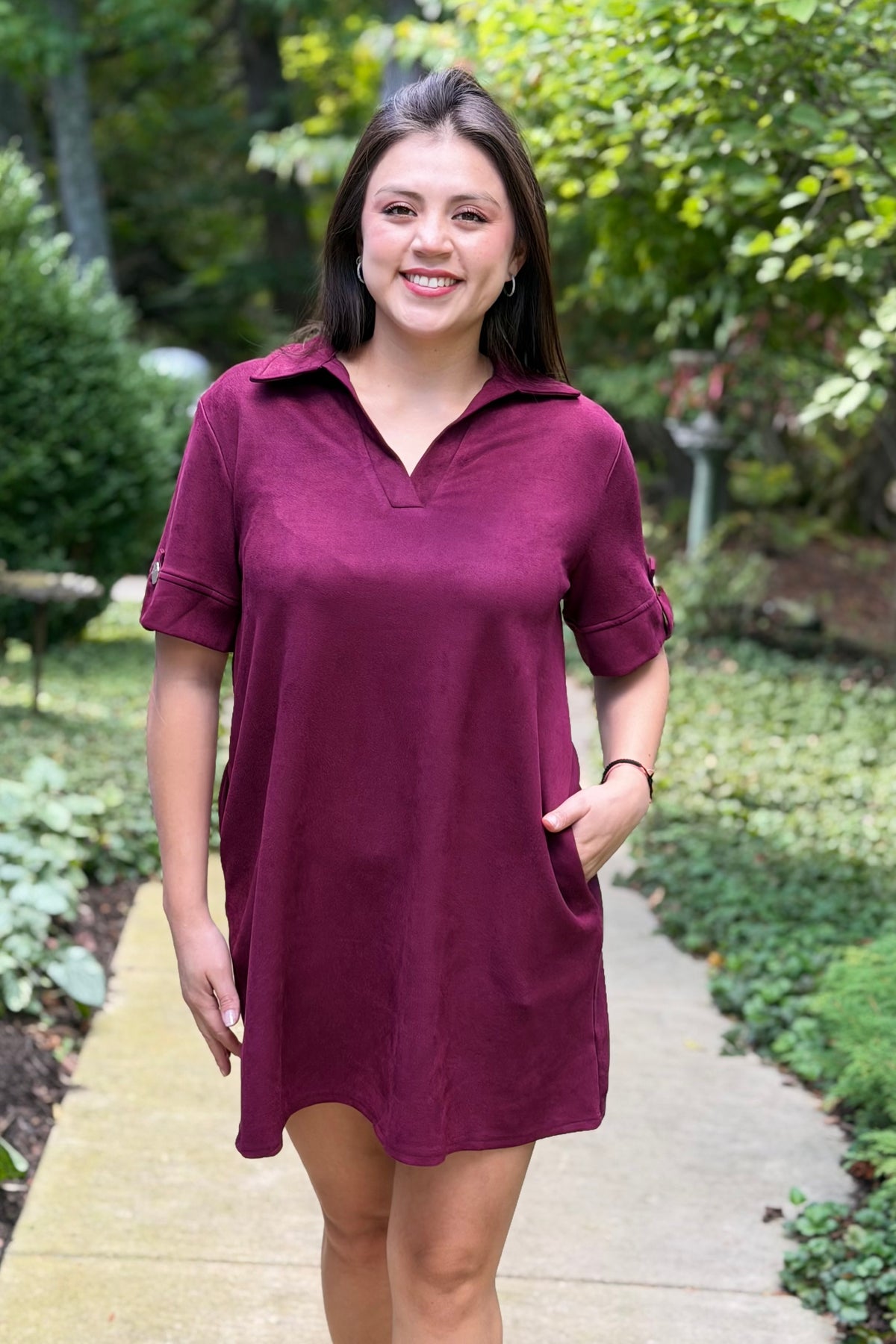 Collared Suede Mini Dress - Wine