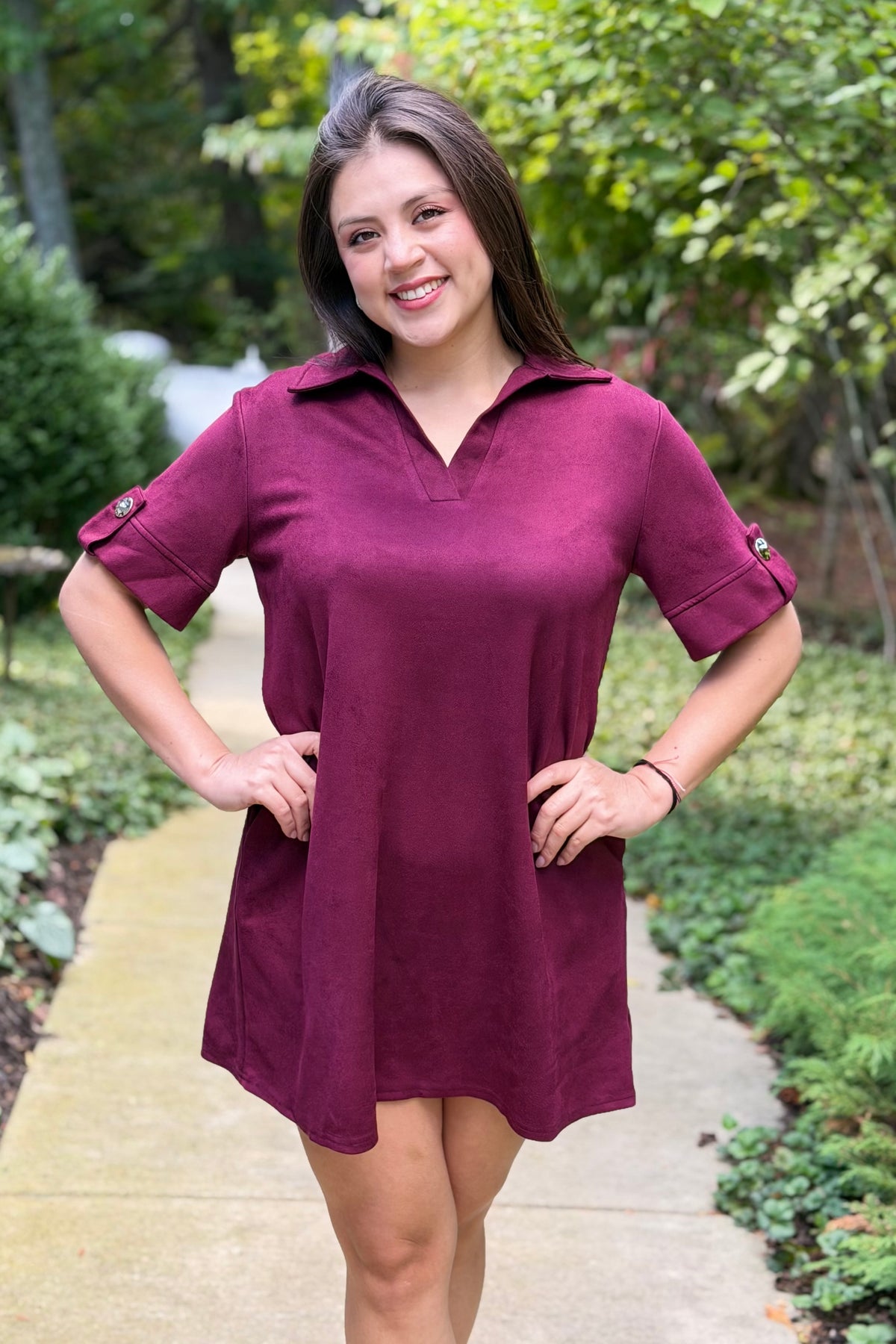 Collared Suede Mini Dress - Wine