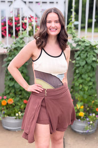 Asymmetrical Button Front Skort - Chocolate