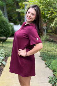 Collared Suede Mini Dress - Wine
