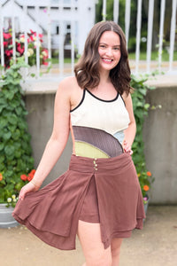 Asymmetrical Button Front Skort - Chocolate