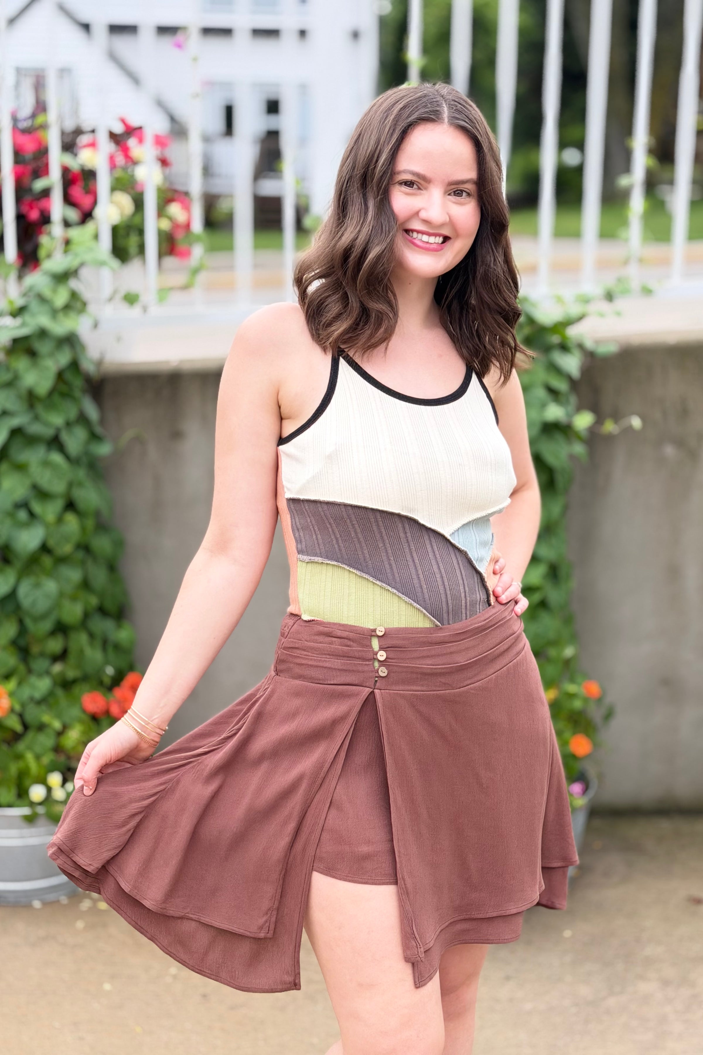 Asymmetrical Button Front Skort - Chocolate