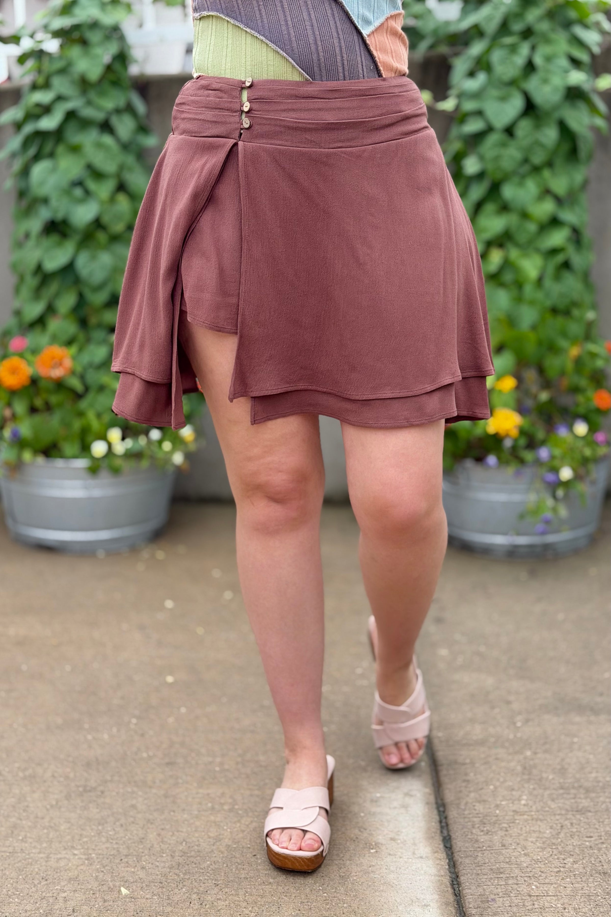 Asymmetrical Button Front Skort - Chocolate