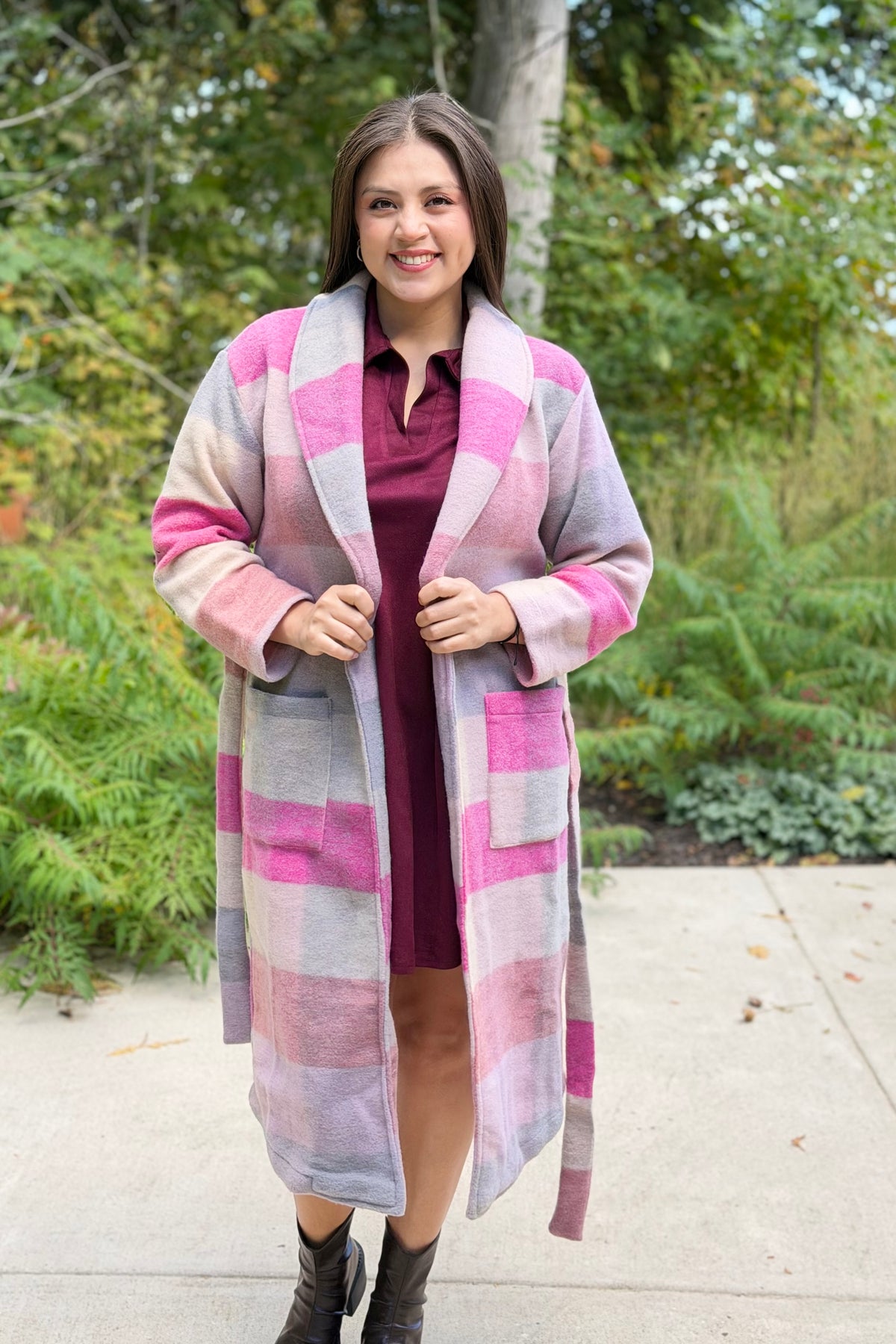 Fuzzy Pastel Plaid Belted Longline Coat