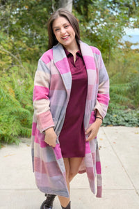 Fuzzy Pastel Plaid Belted Longline Coat
