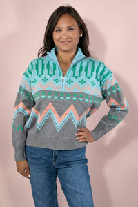 Mock Neck Half Zip Sweater - Grey