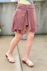 Asymmetrical Button Front Skort - Chocolate