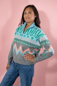 Mock Neck Half Zip Sweater - Grey