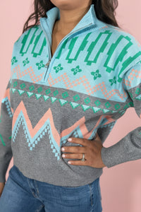 Mock Neck Half Zip Sweater - Grey