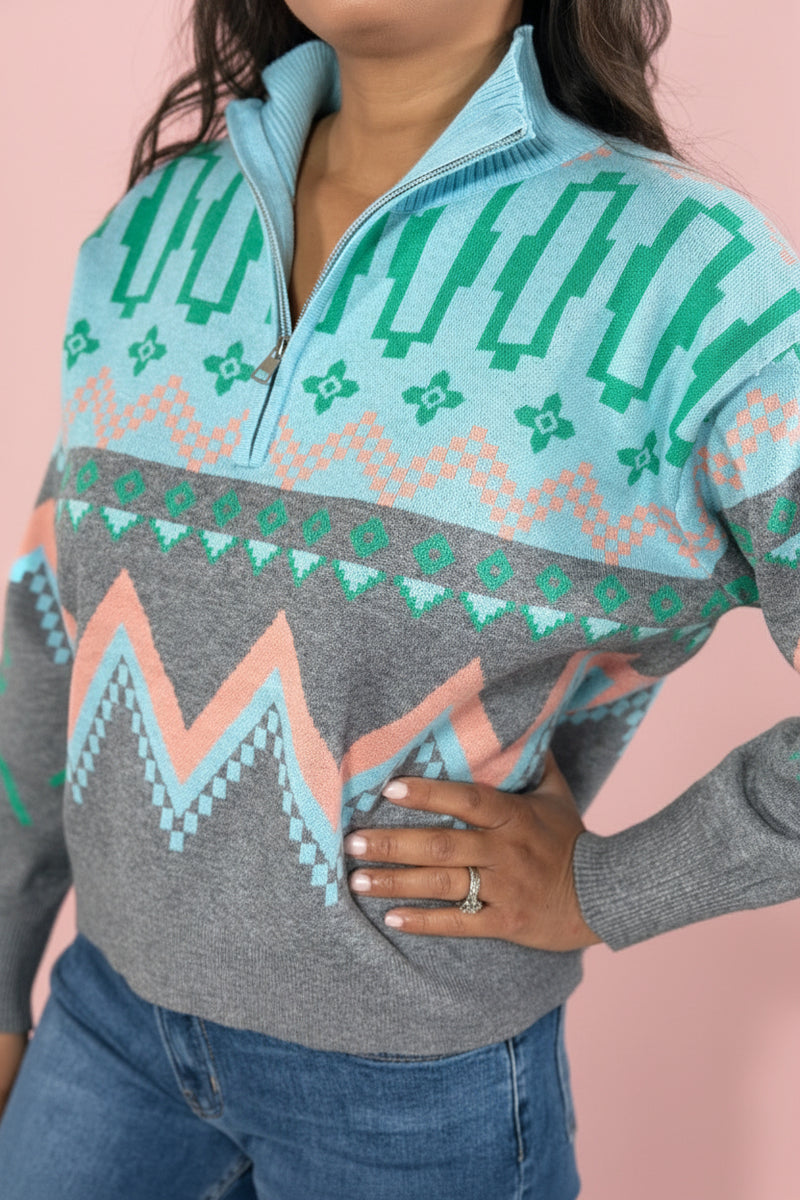 Mock Neck Half Zip Sweater - Grey