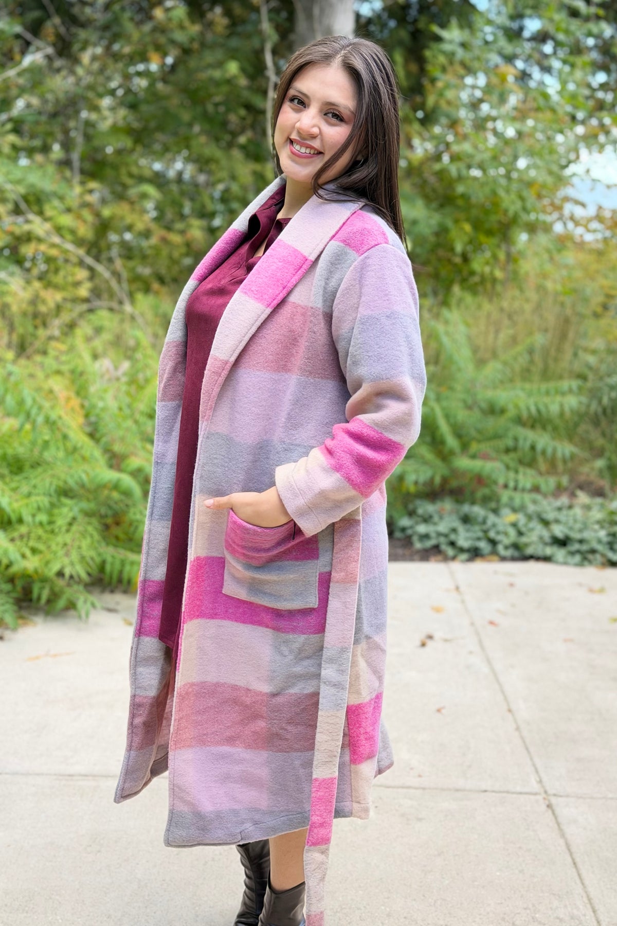 Fuzzy Pastel Plaid Belted Longline Coat