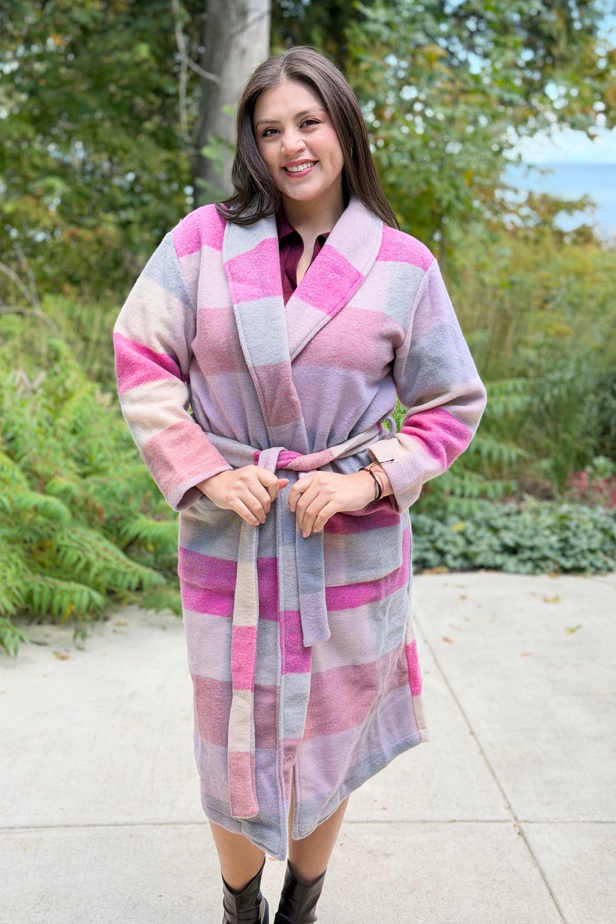 Fuzzy Pastel Plaid Belted Longline Coat