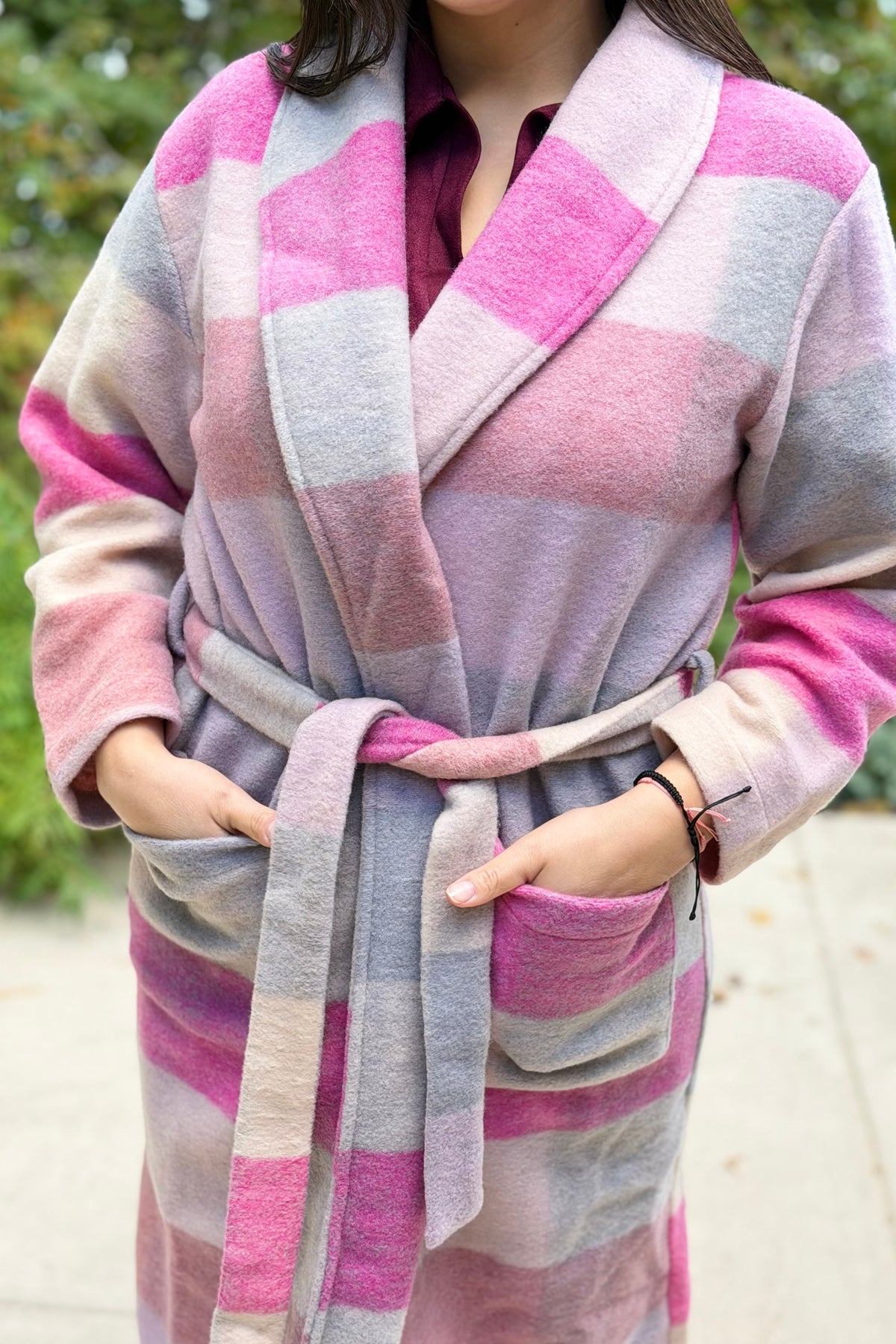 Fuzzy Pastel Plaid Belted Longline Coat