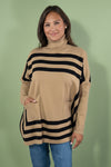 Casual Turtleneck Striped Bat Sleeve Shawl Sweater - Khaki