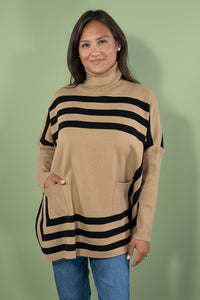 Casual Turtleneck Striped Bat Sleeve Shawl Sweater - Khaki