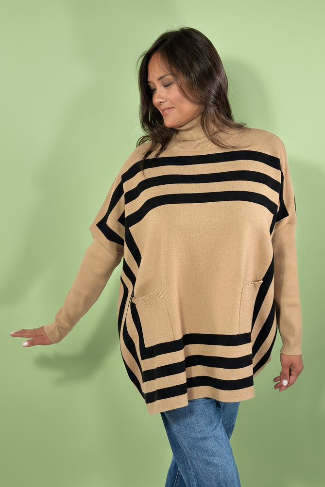 Casual Turtleneck Striped Bat Sleeve Shawl Sweater - Khaki