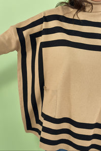 Casual Turtleneck Striped Bat Sleeve Shawl Sweater - Khaki
