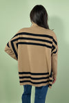 Casual Turtleneck Striped Bat Sleeve Shawl Sweater - Khaki