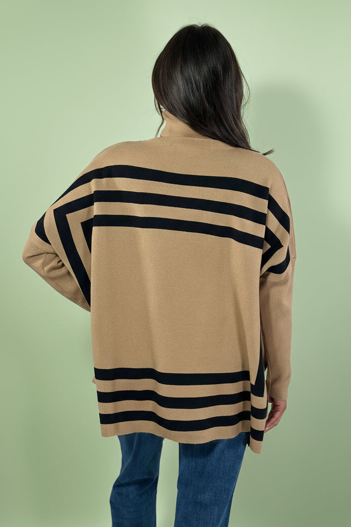 Casual Turtleneck Striped Bat Sleeve Shawl Sweater - Khaki