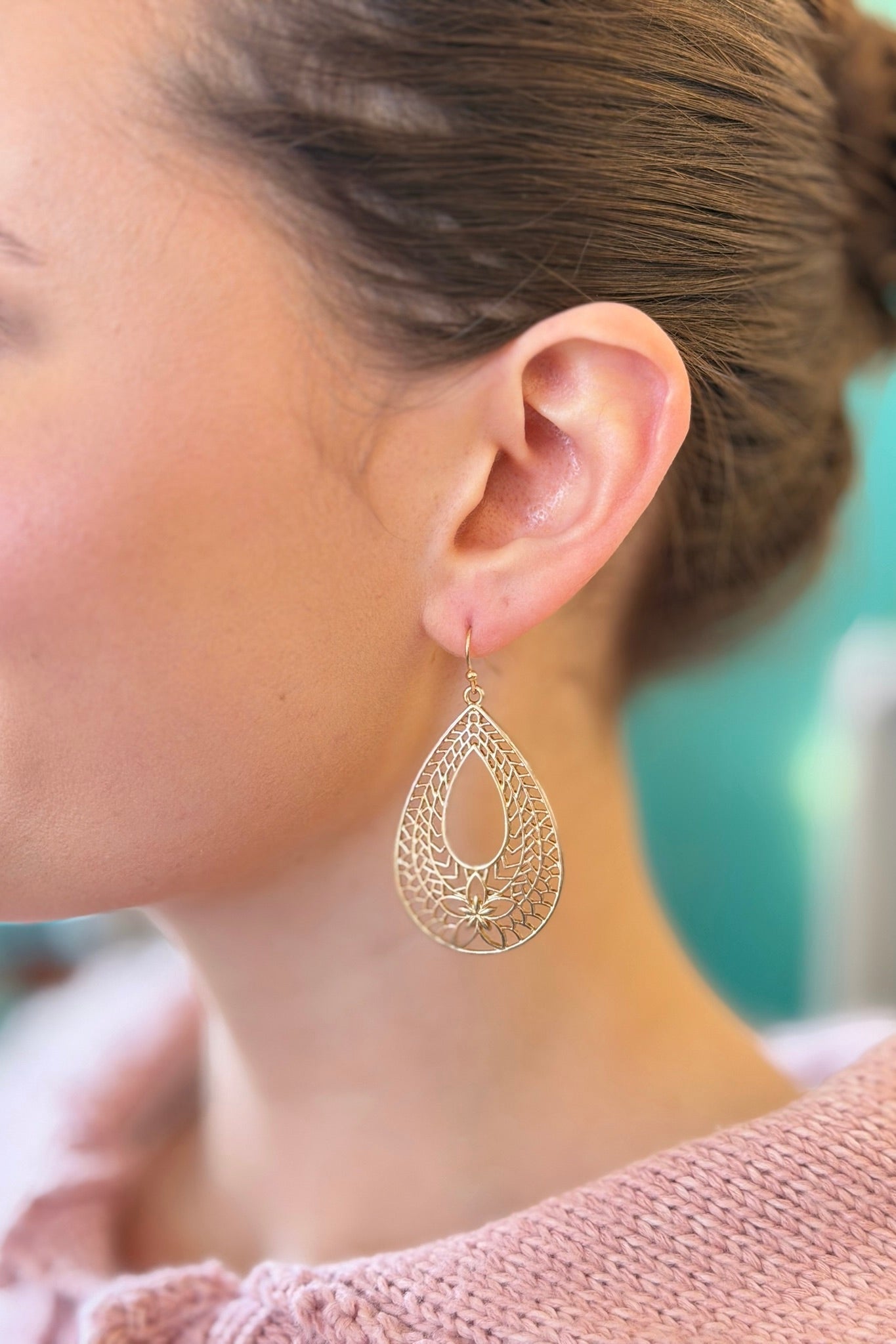Flower Teardrop Dangle Earrings - Gold