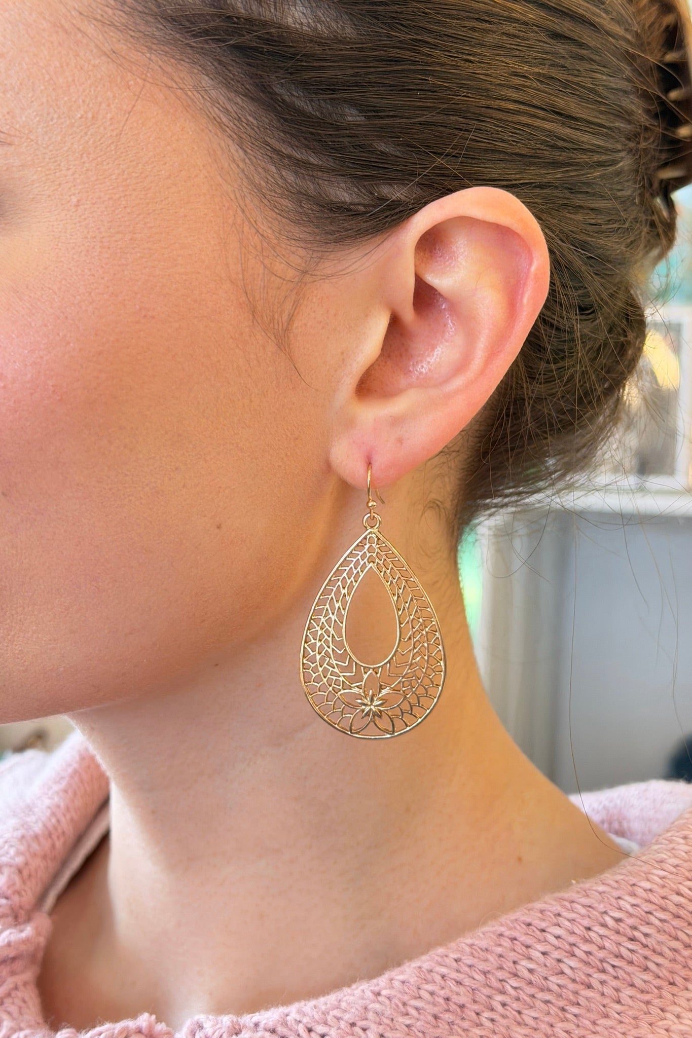 Flower Teardrop Dangle Earrings - Gold