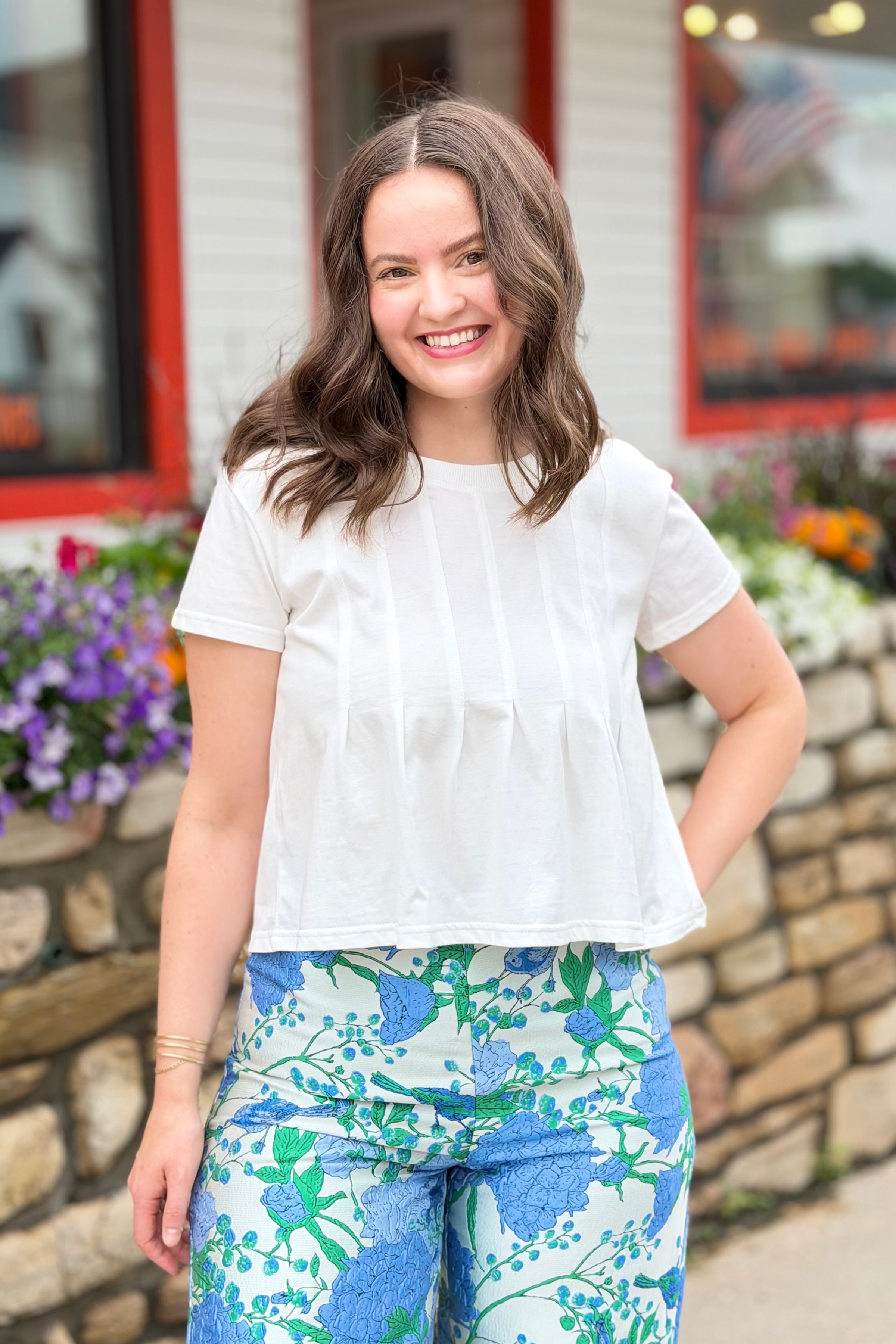 Pleated Swing Tee Top - White