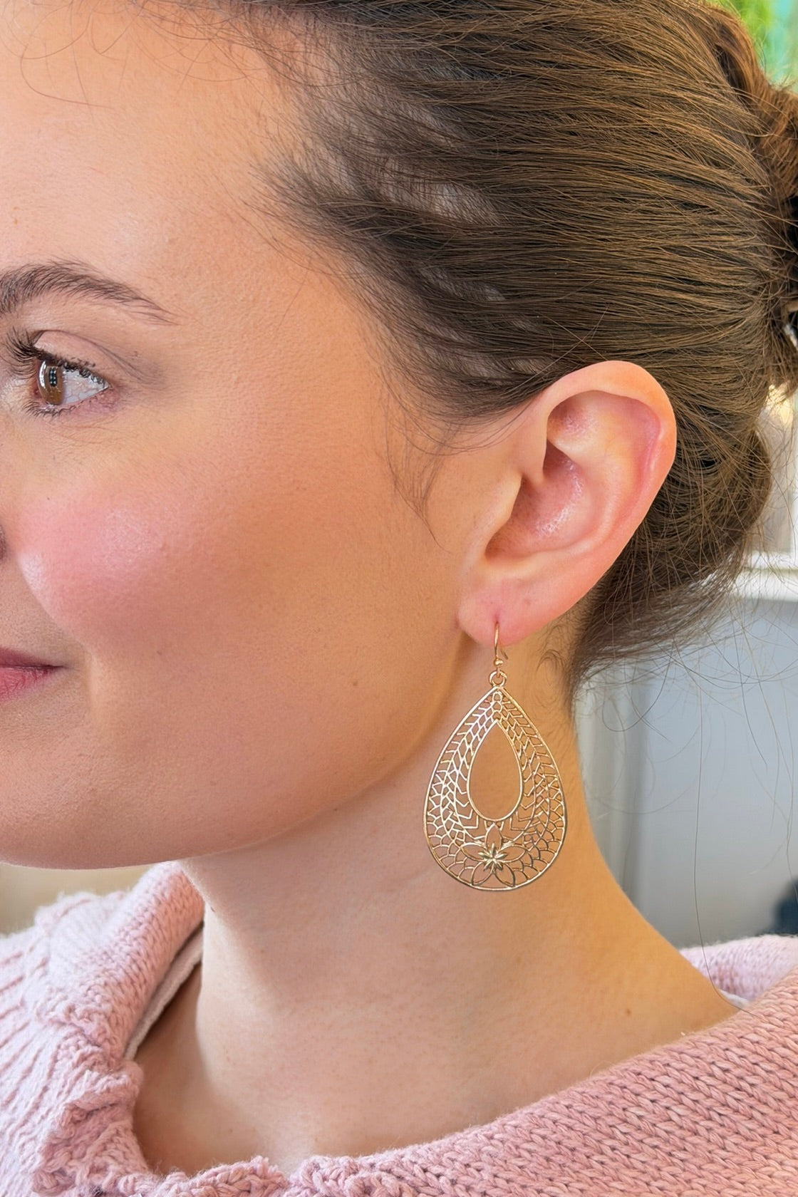 Flower Teardrop Dangle Earrings - Gold