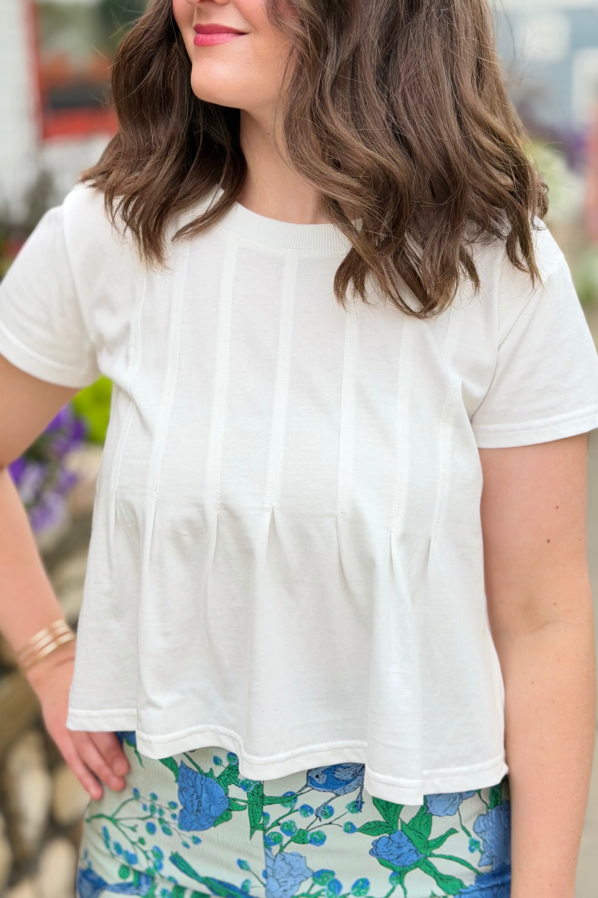Pleated Swing Tee Top - White