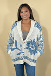 Shawl Collar Cardigan Floral Knit - Blue