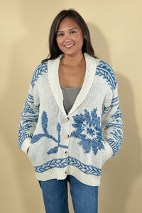 Shawl Collar Cardigan Floral Knit - Blue