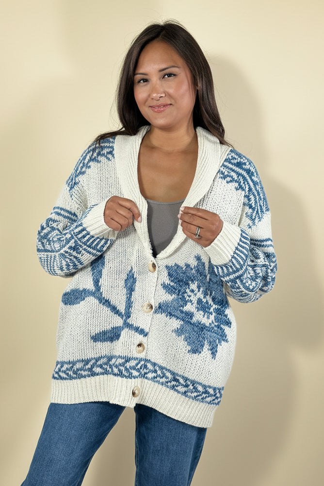 Shawl Collar Cardigan Floral Knit - Blue