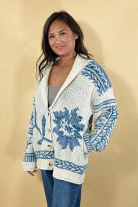 Shawl Collar Cardigan Floral Knit - Blue