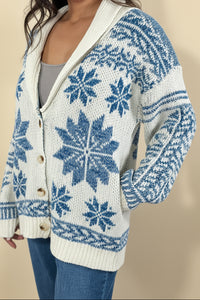 Shawl Collar Cardigan Floral Knit - Blue