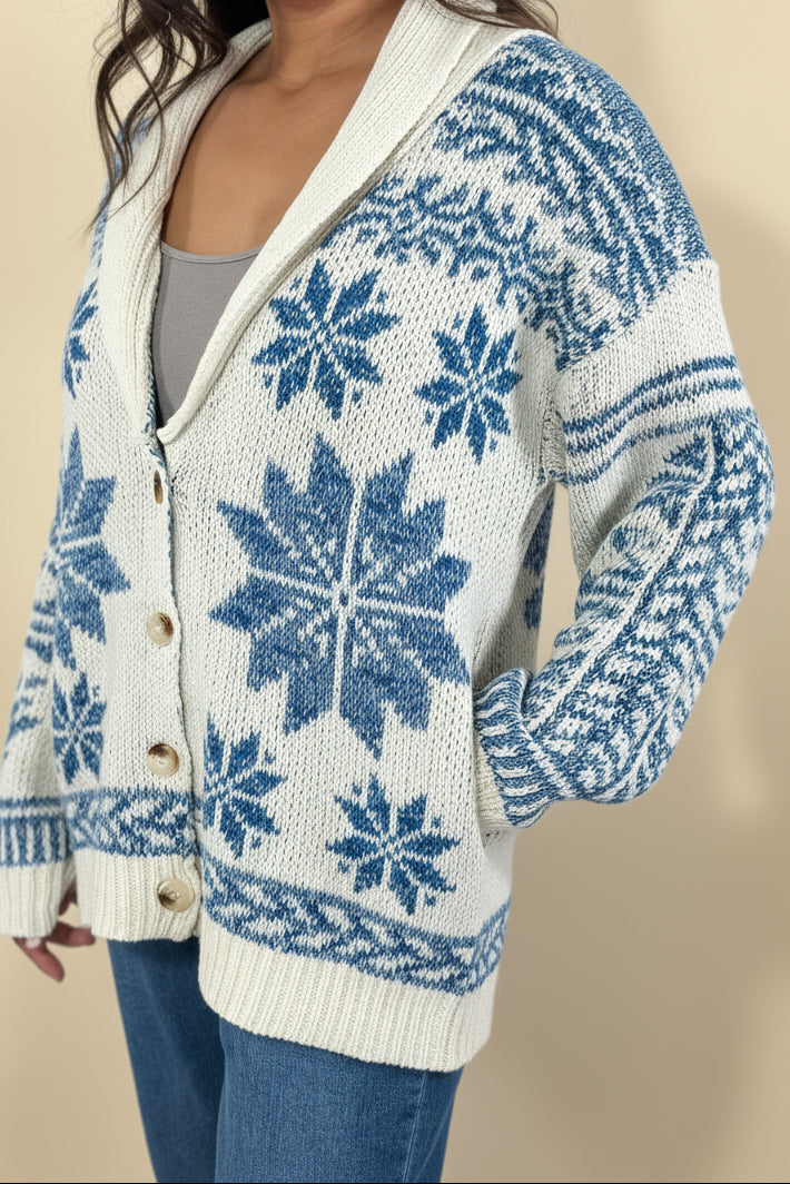 Shawl Collar Cardigan Floral Knit - Blue