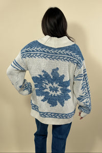 Shawl Collar Cardigan Floral Knit - Blue