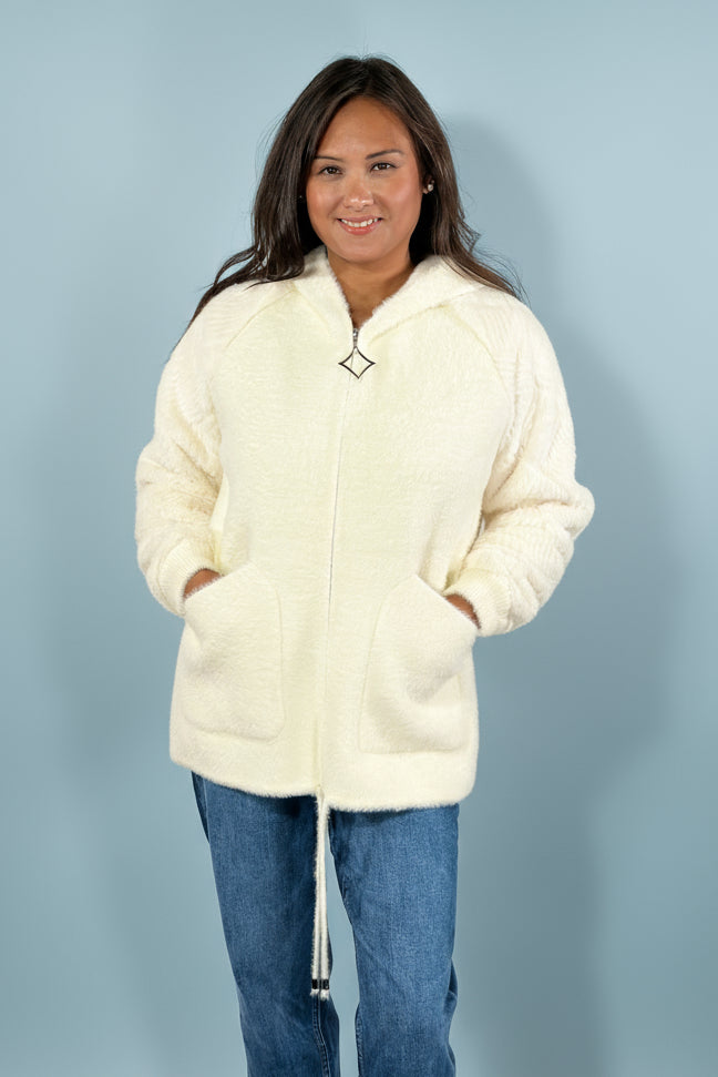 Furry Zip Up Hoodie with Pattern Sleeve