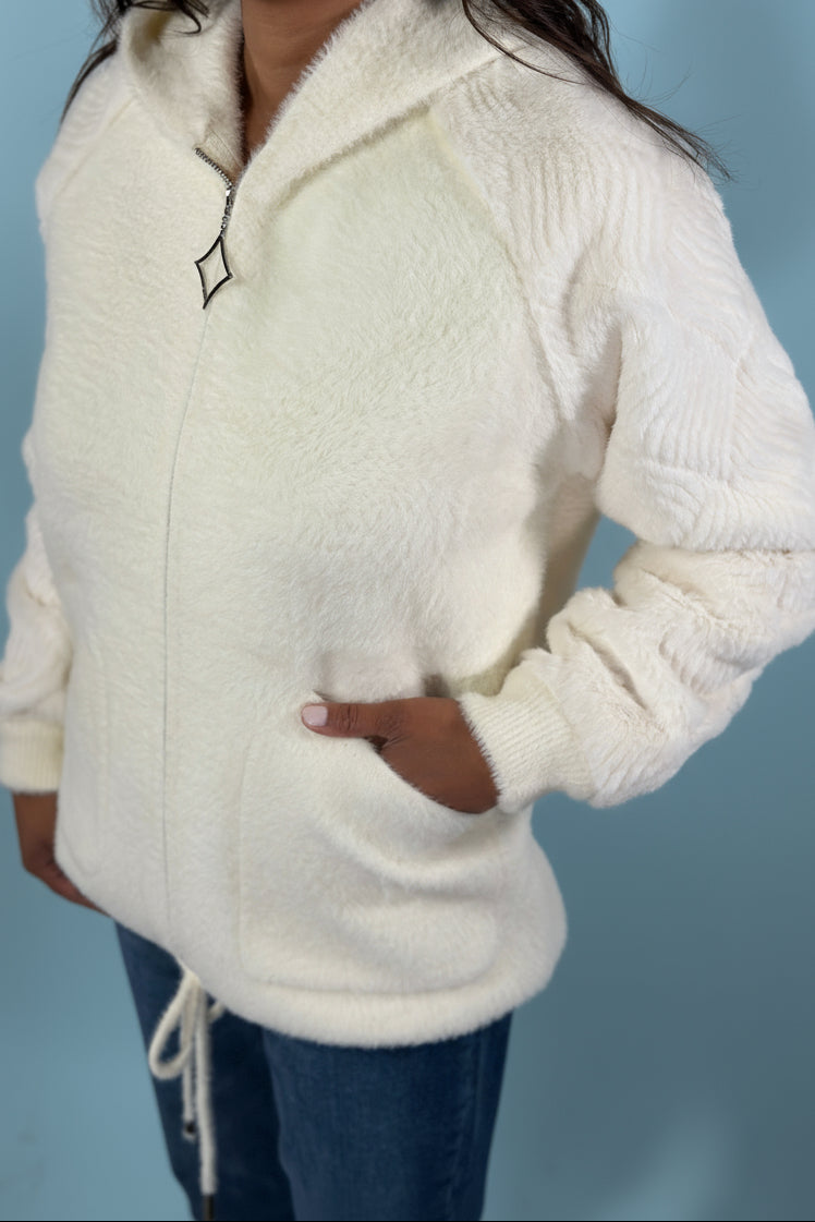 Furry Zip Up Hoodie with Pattern Sleeve