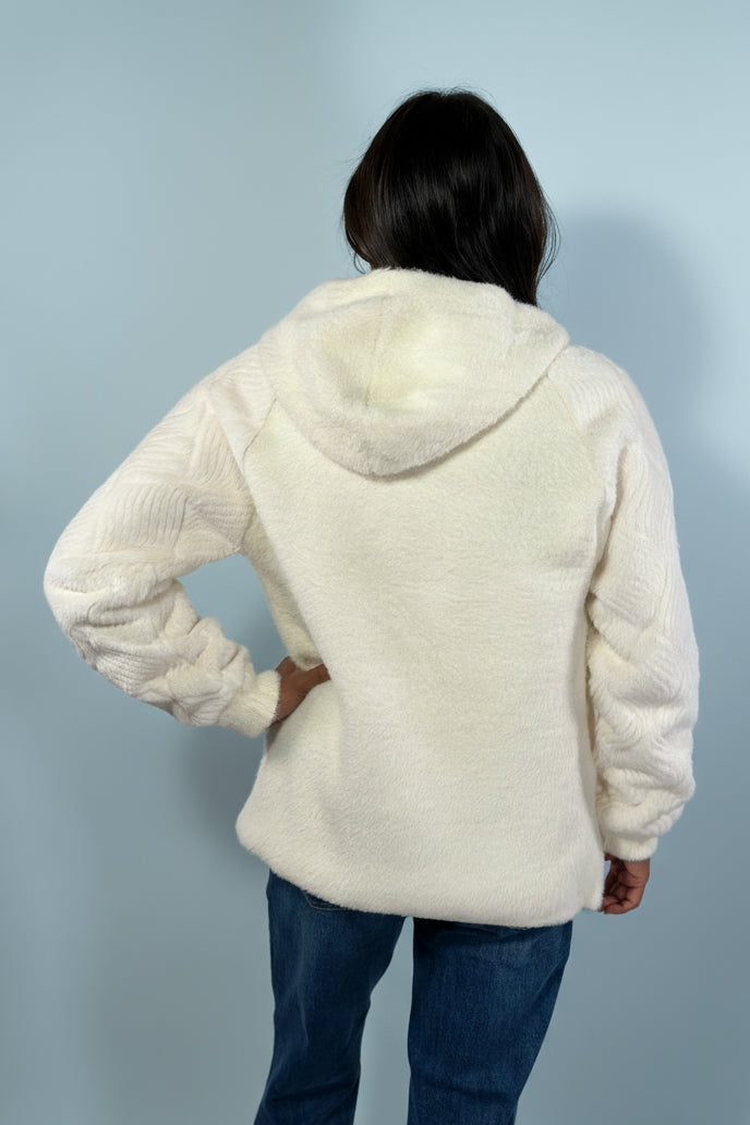 Furry Zip Up Hoodie with Pattern Sleeve
