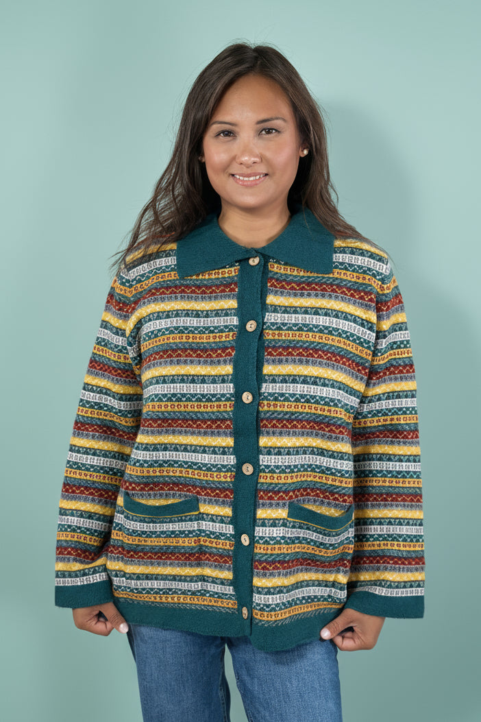 Collared Multi Pattern Knit Cardigan