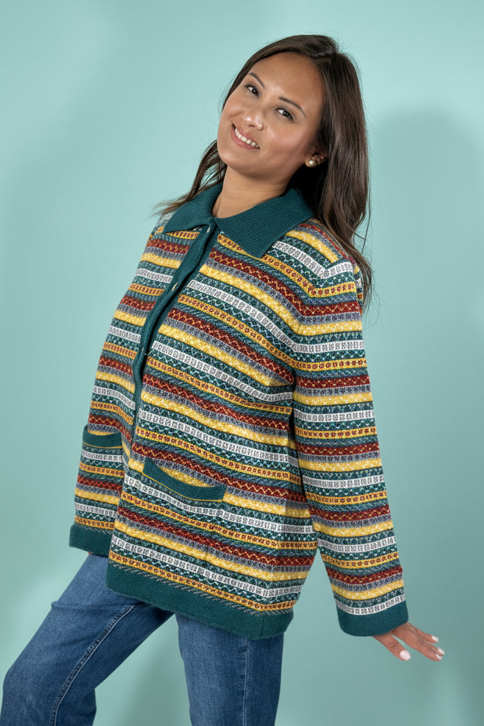 Collared Multi Pattern Knit Cardigan