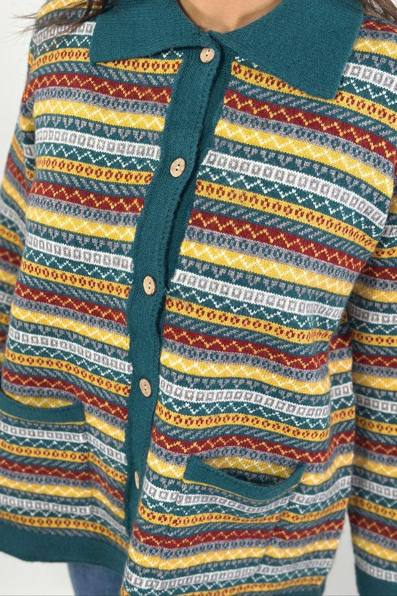 Collared Multi Pattern Knit Cardigan
