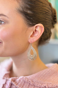 Flower Teardrop Dangle Earrings - Silver