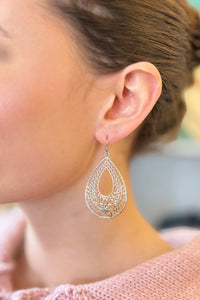 Flower Teardrop Dangle Earrings - Silver