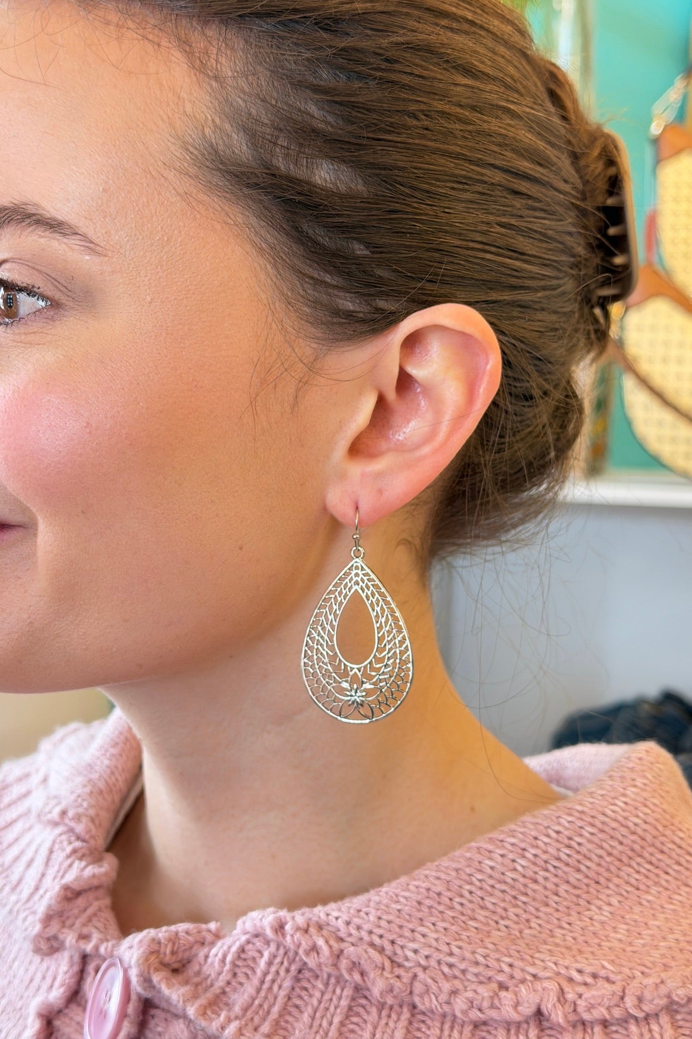 Flower Teardrop Dangle Earrings - Silver