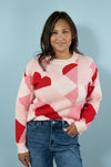 Heart Checkered Knit Sweater - Pink