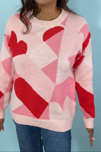Heart Checkered Knit Sweater - Pink