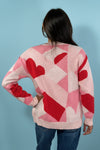 Heart Checkered Knit Sweater - Pink