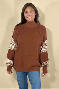 Stripe Pullover High Neck Sweater - Coffee