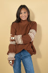 Stripe Pullover High Neck Sweater - Coffee