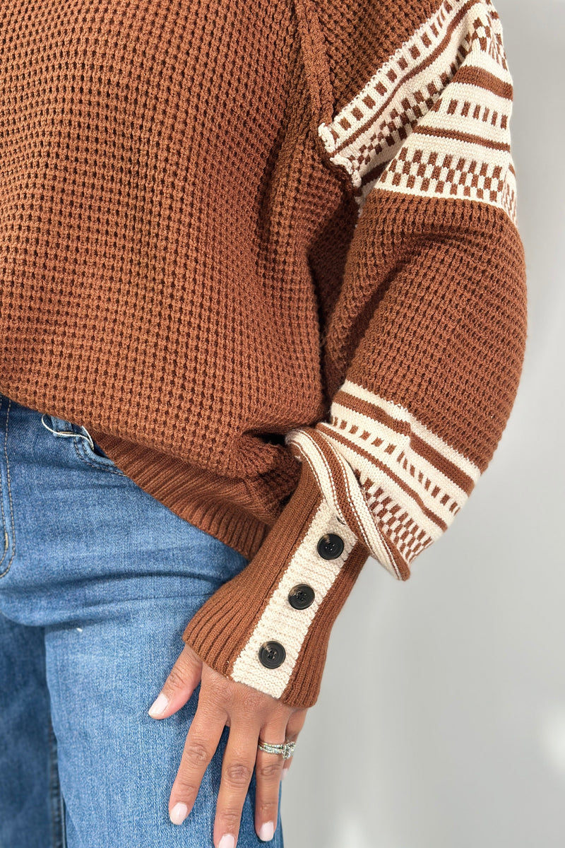 Stripe Pullover High Neck Sweater - Coffee